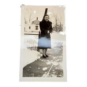 Vtg Older Lady Posing on Cold Snow Day Original Monochrome Photography Found